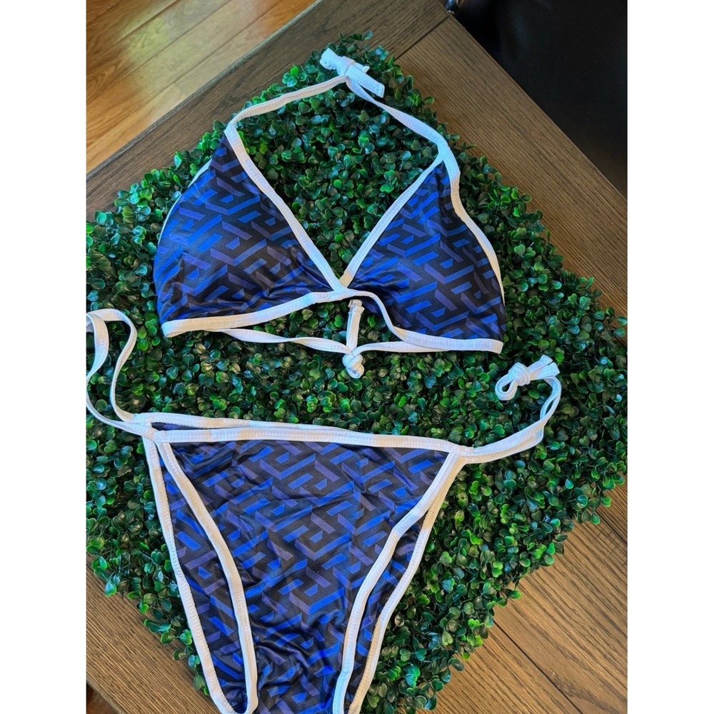 Women Blue Geometric Maze Print Triangle Bikini Two Piece Swimsuit Size 2XL NEW